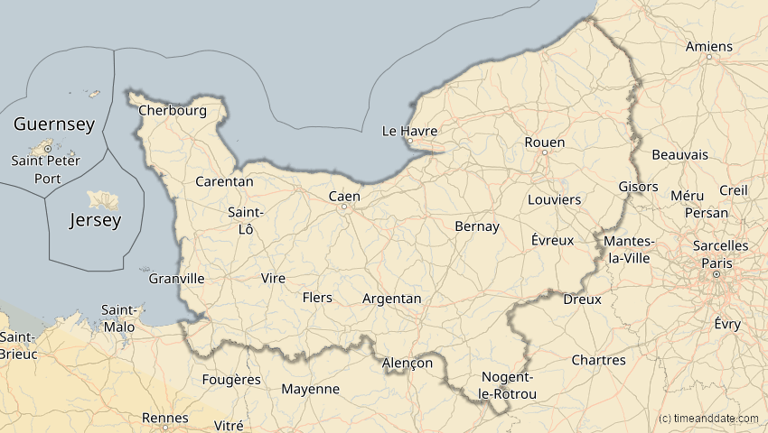 A map of Normandie, Frankreich, showing the path of the 11. Mai 2078 Totale Sonnenfinsternis