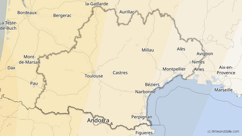 A map of Okzitanien, Frankreich, showing the path of the 11. Mai 2078 Totale Sonnenfinsternis