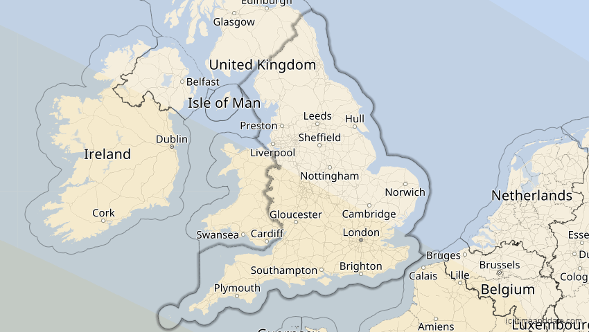 A map of England, Großbritannien, showing the path of the 11. Mai 2078 Totale Sonnenfinsternis