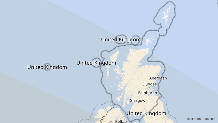 A map of Schottland, Großbritannien, showing the path of the 11. Mai 2078 Totale Sonnenfinsternis