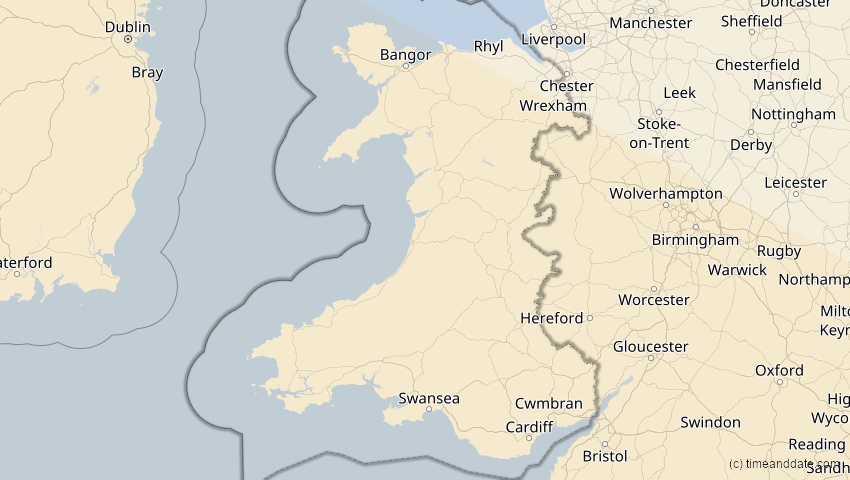 A map of Wales, Großbritannien, showing the path of the 11. Mai 2078 Totale Sonnenfinsternis