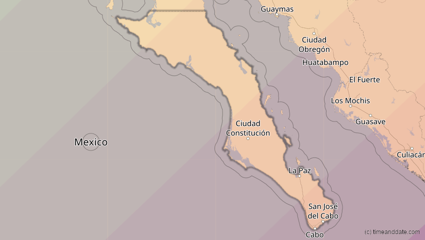 A map of Baja California Sur, Mexiko, showing the path of the 11. Mai 2078 Totale Sonnenfinsternis
