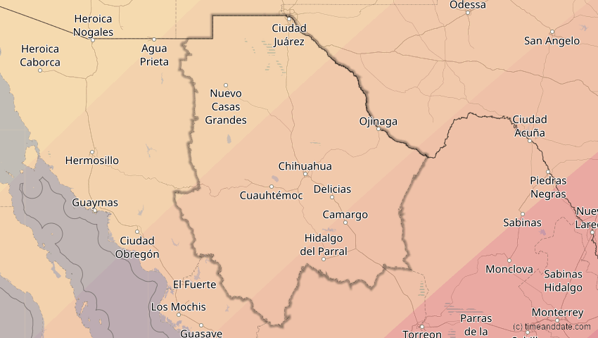 A map of Chihuahua, Mexiko, showing the path of the 11. Mai 2078 Totale Sonnenfinsternis
