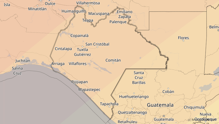 A map of Chiapas, Mexiko, showing the path of the 11. Mai 2078 Totale Sonnenfinsternis