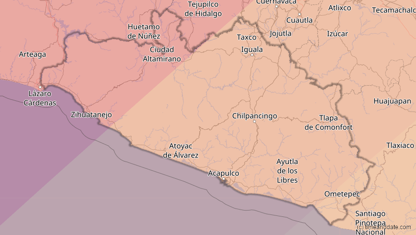 A map of Guerrero, Mexiko, showing the path of the 11. Mai 2078 Totale Sonnenfinsternis