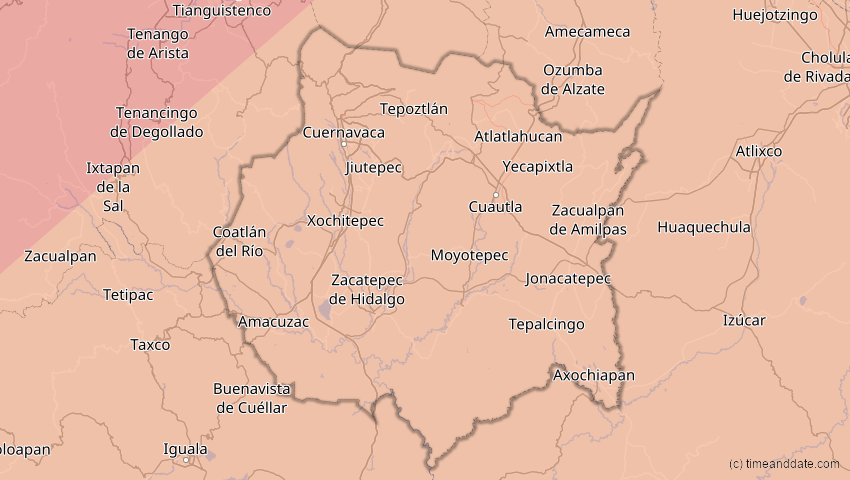 A map of Morelos, Mexiko, showing the path of the 11. Mai 2078 Totale Sonnenfinsternis
