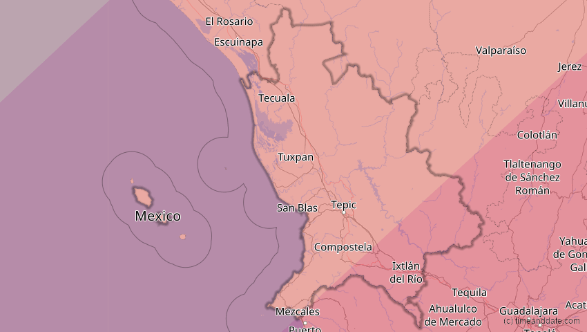 A map of Nayarit, Mexiko, showing the path of the 11. Mai 2078 Totale Sonnenfinsternis