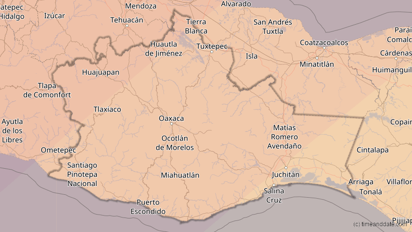 A map of Oaxaca, Mexiko, showing the path of the 11. Mai 2078 Totale Sonnenfinsternis