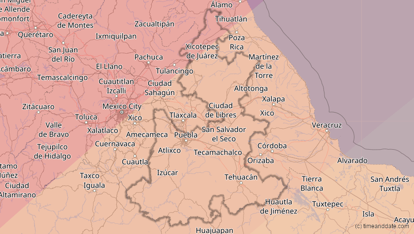 A map of Puebla, Mexiko, showing the path of the 11. Mai 2078 Totale Sonnenfinsternis
