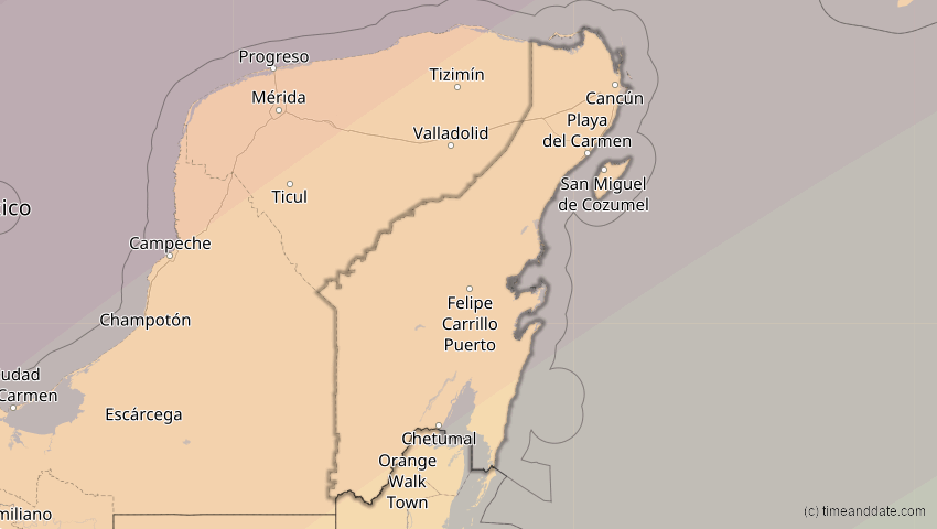 A map of Quintana Roo, Mexiko, showing the path of the 11. Mai 2078 Totale Sonnenfinsternis