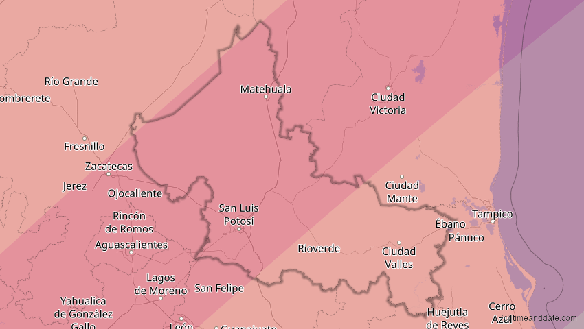 A map of San Luis Potosí, Mexiko, showing the path of the 11. Mai 2078 Totale Sonnenfinsternis