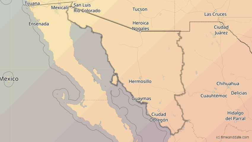 A map of Sonora, Mexiko, showing the path of the 11. Mai 2078 Totale Sonnenfinsternis