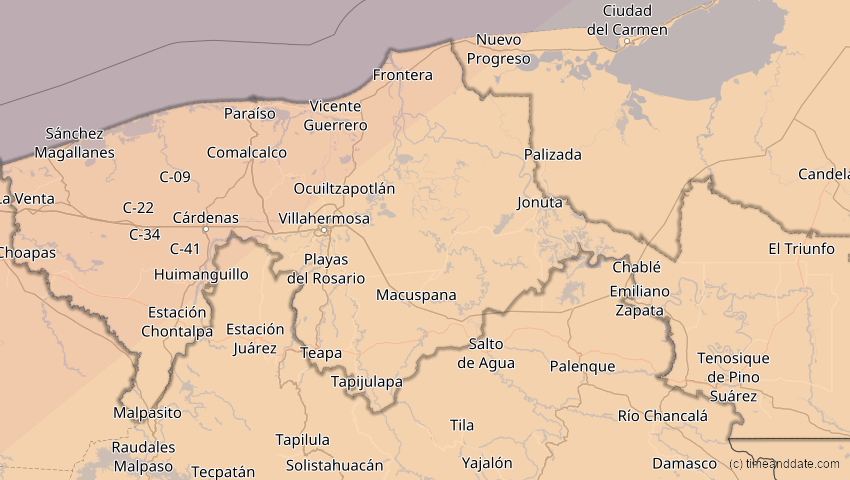 A map of Tabasco, Mexiko, showing the path of the 11. Mai 2078 Totale Sonnenfinsternis