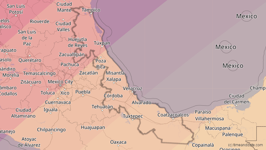 A map of Veracruz, Mexiko, showing the path of the 11. Mai 2078 Totale Sonnenfinsternis