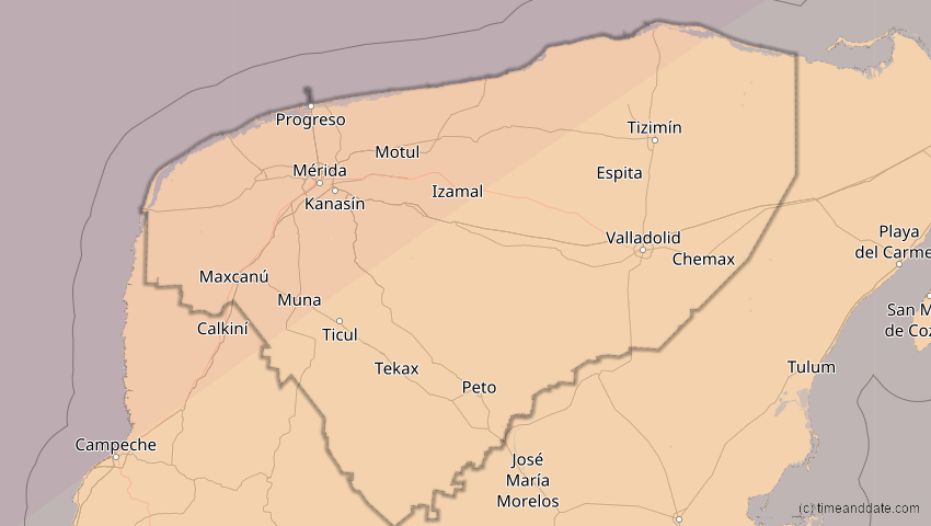A map of Yucatán, Mexiko, showing the path of the 11. Mai 2078 Totale Sonnenfinsternis