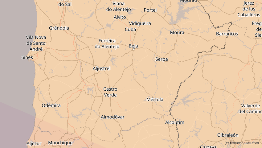 A map of Beja, Portugal, showing the path of the 11. Mai 2078 Totale Sonnenfinsternis