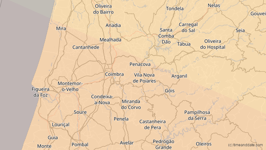 A map of Coimbra, Portugal, showing the path of the 11. Mai 2078 Totale Sonnenfinsternis