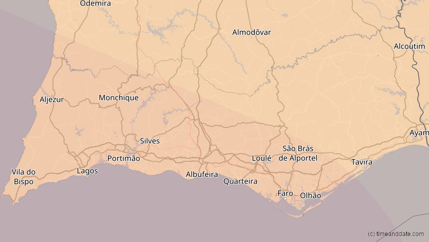 A map of Faro, Portugal, showing the path of the 11. Mai 2078 Totale Sonnenfinsternis