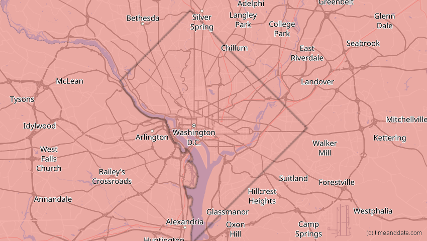 A map of District of Columbia, USA, showing the path of the 11. Mai 2078 Totale Sonnenfinsternis