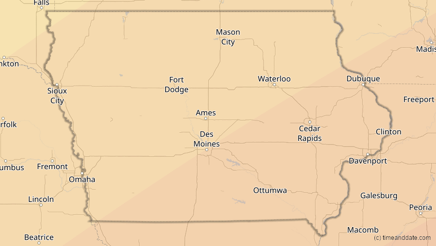 A map of Iowa, USA, showing the path of the 11. Mai 2078 Totale Sonnenfinsternis