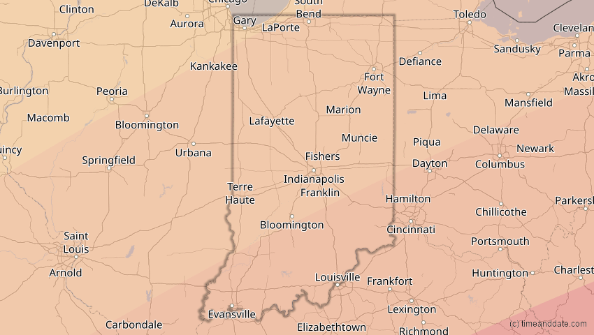 A map of Indiana, USA, showing the path of the 11. Mai 2078 Totale Sonnenfinsternis