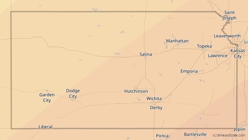 A map of Kansas, USA, showing the path of the 11. Mai 2078 Totale Sonnenfinsternis