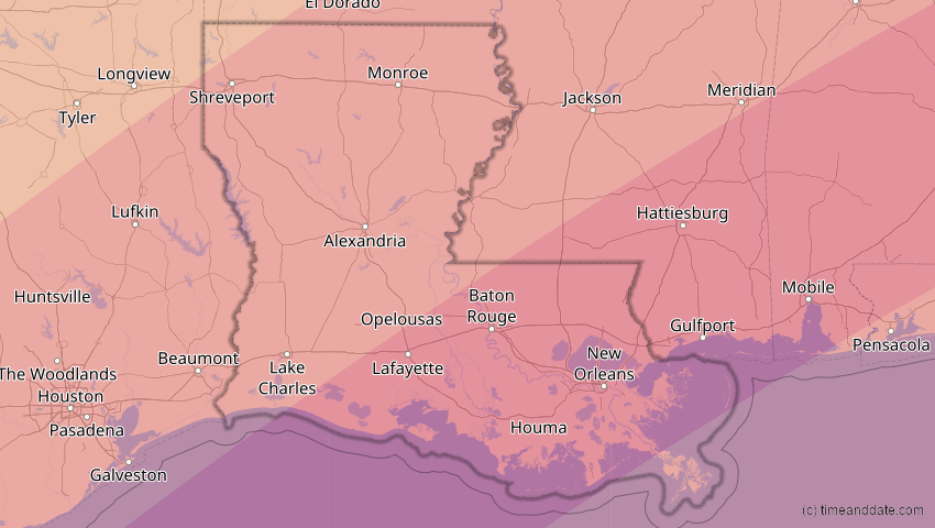 A map of Louisiana, USA, showing the path of the 11. Mai 2078 Totale Sonnenfinsternis