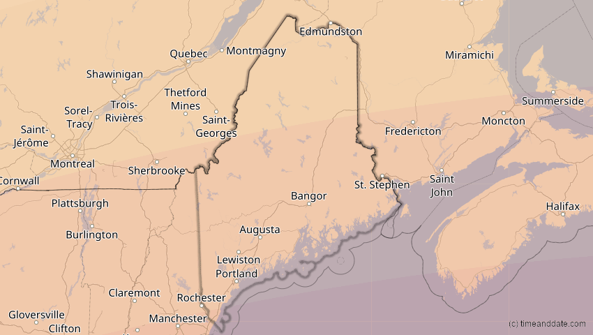 A map of Maine, USA, showing the path of the 11. Mai 2078 Totale Sonnenfinsternis