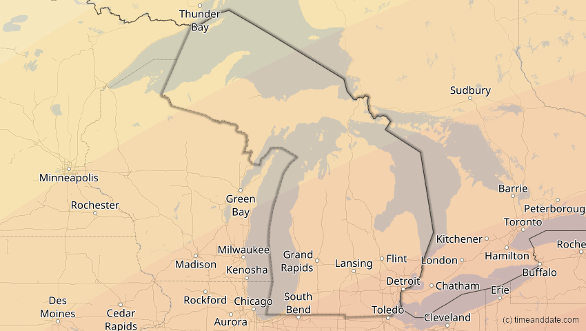 A map of Michigan, USA, showing the path of the 11. Mai 2078 Totale Sonnenfinsternis