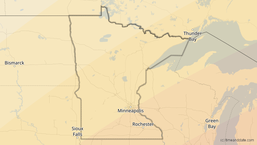 A map of Minnesota, USA, showing the path of the 11. Mai 2078 Totale Sonnenfinsternis