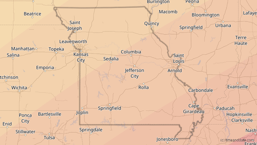 A map of Missouri, USA, showing the path of the 11. Mai 2078 Totale Sonnenfinsternis