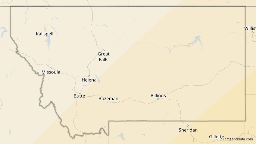 A map of Montana, USA, showing the path of the 11. Mai 2078 Totale Sonnenfinsternis
