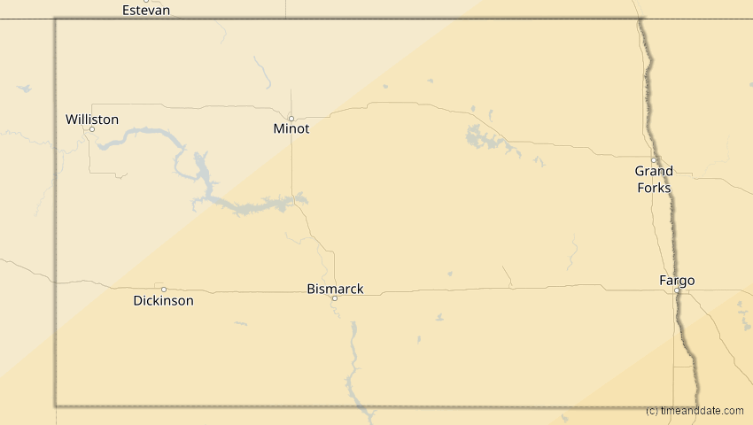 A map of North Dakota, USA, showing the path of the 11. Mai 2078 Totale Sonnenfinsternis
