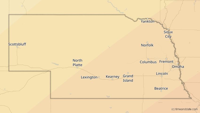 A map of Nebraska, USA, showing the path of the 11. Mai 2078 Totale Sonnenfinsternis