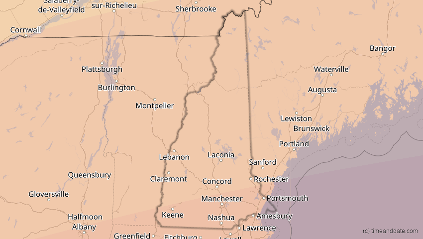 A map of New Hampshire, USA, showing the path of the 11. Mai 2078 Totale Sonnenfinsternis