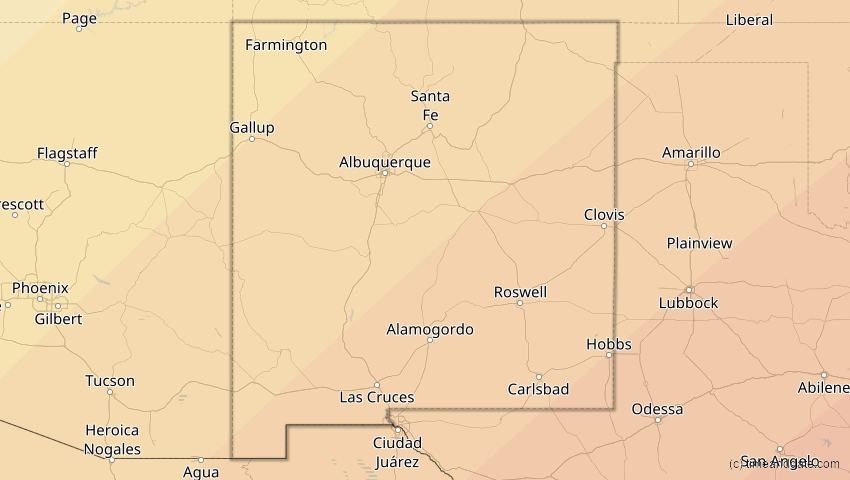 A map of New Mexico, USA, showing the path of the 11. Mai 2078 Totale Sonnenfinsternis