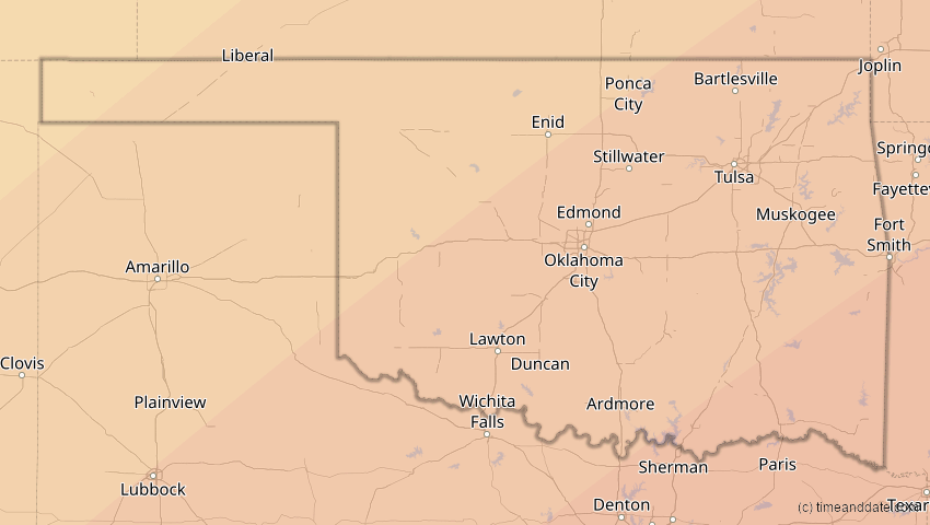 A map of Oklahoma, USA, showing the path of the 11. Mai 2078 Totale Sonnenfinsternis