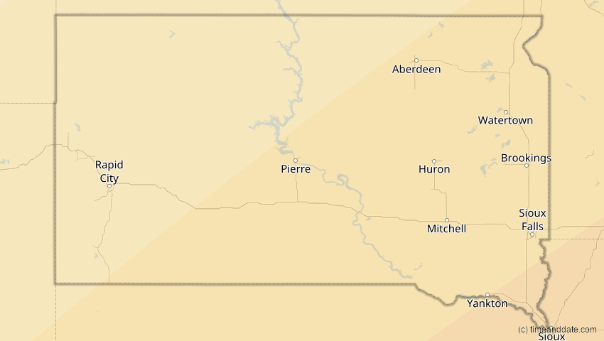 A map of South Dakota, USA, showing the path of the 11. Mai 2078 Totale Sonnenfinsternis