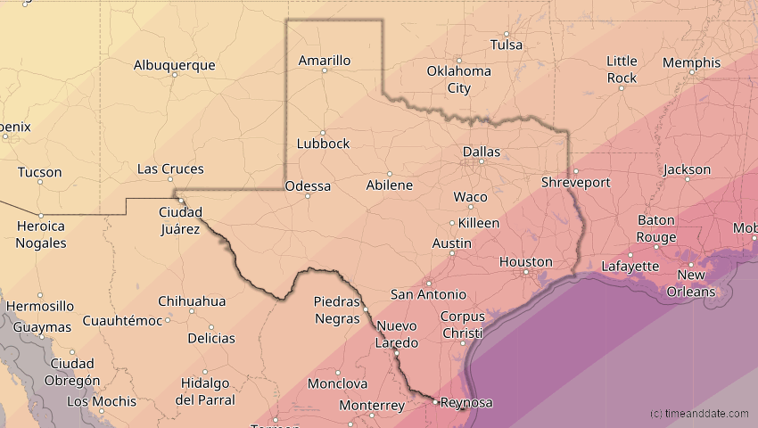 A map of Texas, USA, showing the path of the 11. Mai 2078 Totale Sonnenfinsternis