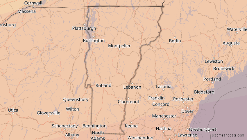 A map of Vermont, USA, showing the path of the 11. Mai 2078 Totale Sonnenfinsternis
