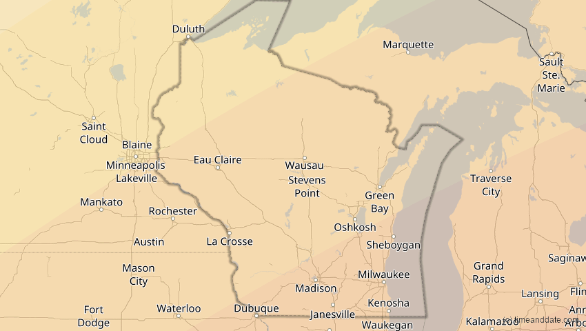 A map of Wisconsin, USA, showing the path of the 11. Mai 2078 Totale Sonnenfinsternis