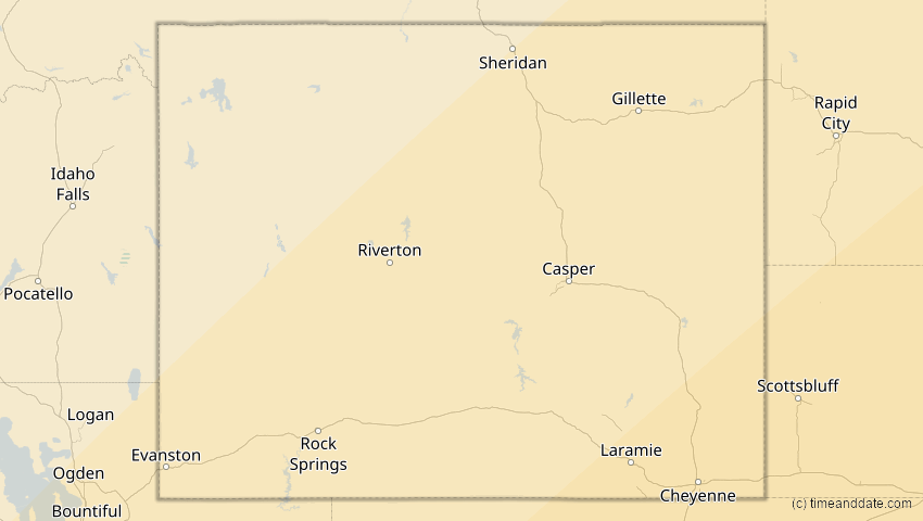A map of Wyoming, USA, showing the path of the 11. Mai 2078 Totale Sonnenfinsternis