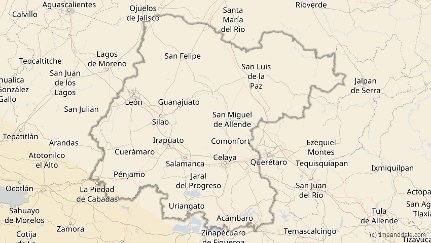 A map of Guanajuato, Mexiko, showing the path of the 4. Nov 2078 Ringförmige Sonnenfinsternis