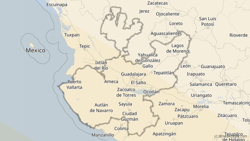 A map of Jalisco, Mexiko, showing the path of the 4. Nov 2078 Ringförmige Sonnenfinsternis