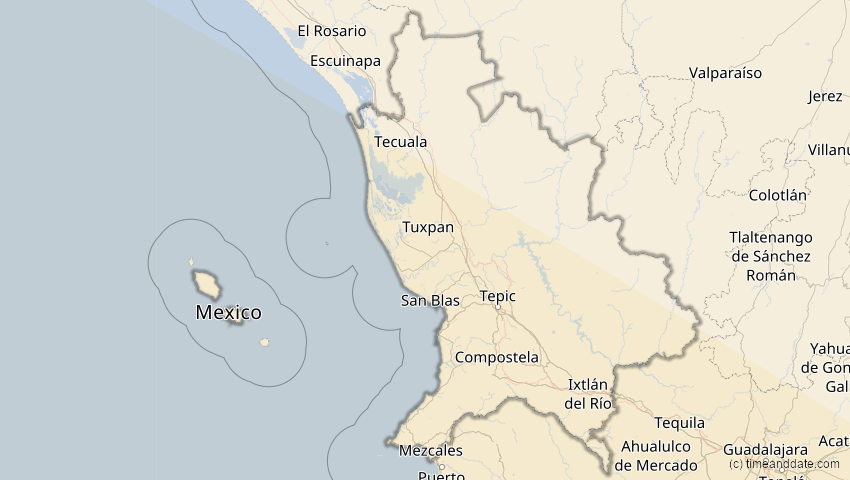 A map of Nayarit, Mexiko, showing the path of the 4. Nov 2078 Ringförmige Sonnenfinsternis