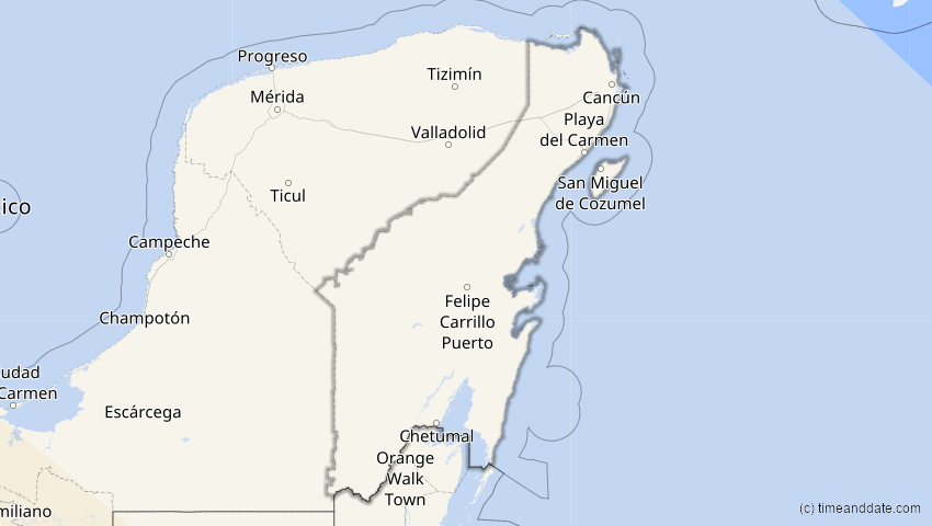 A map of Quintana Roo, Mexiko, showing the path of the 4. Nov 2078 Ringförmige Sonnenfinsternis