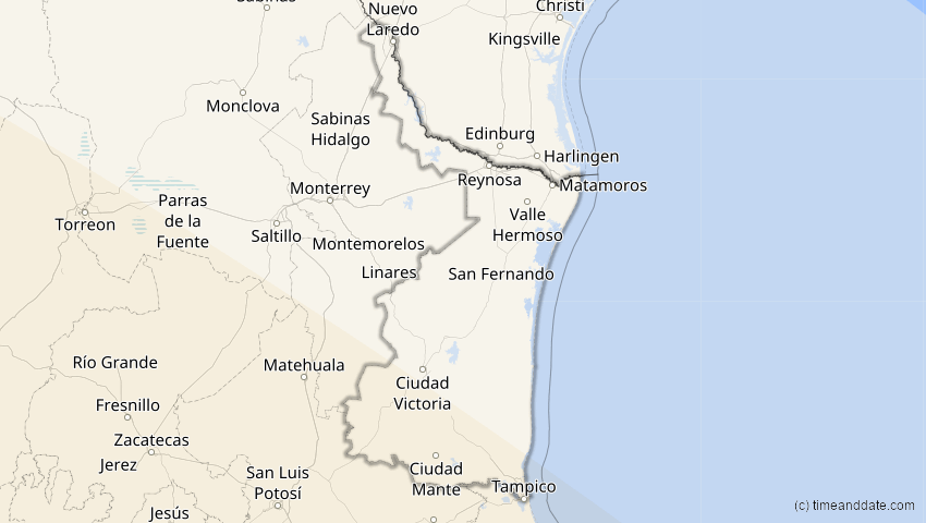 A map of Tamaulipas, Mexiko, showing the path of the 4. Nov 2078 Ringförmige Sonnenfinsternis