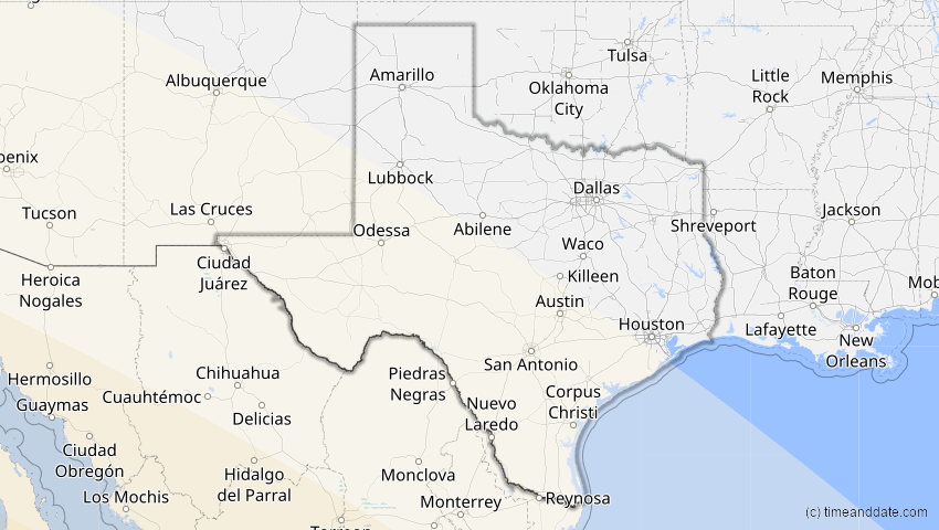 A map of Texas, USA, showing the path of the 4. Nov 2078 Ringförmige Sonnenfinsternis
