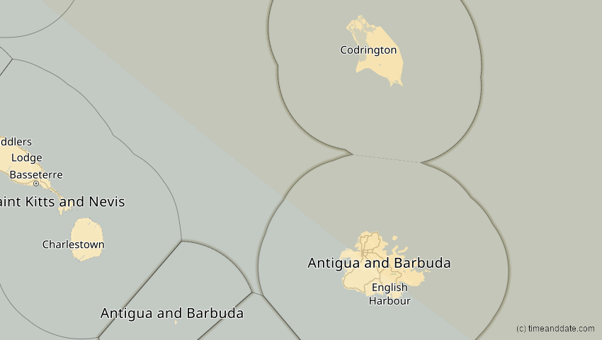 A map of Antigua und Barbuda, showing the path of the 1. Mai 2079 Totale Sonnenfinsternis