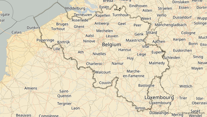 A map of Belgien, showing the path of the 1. Mai 2079 Totale Sonnenfinsternis
